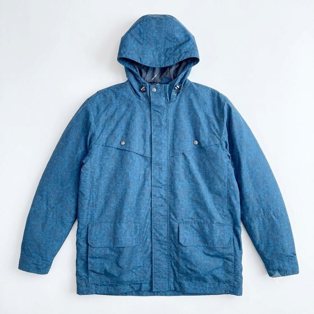 Lands End Hooded Rain Jacket Blue Aztec Print Full Zip Mesh Lined Mens XXL 2XL
